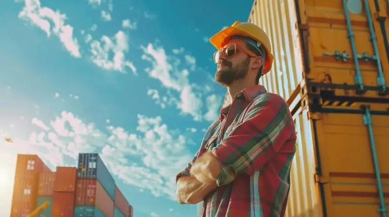 Gut gelaunter Logistikmitarbeiter vor Containern, symbolisiert Flexibilität durch Arbeitnehmerüberlassung Logistik
