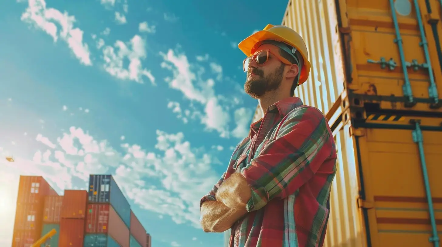 Gut gelaunter Logistikmitarbeiter vor Containern, symbolisiert Flexibilität durch Arbeitnehmerüberlassung Logistik