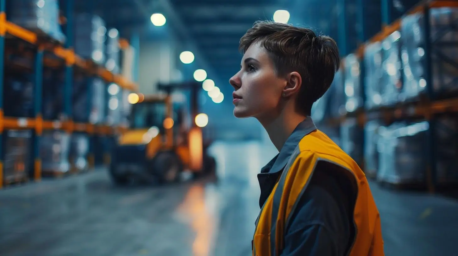 Logistikmitarbeiterin im Lager mit Gabelstapler im Hintergrund