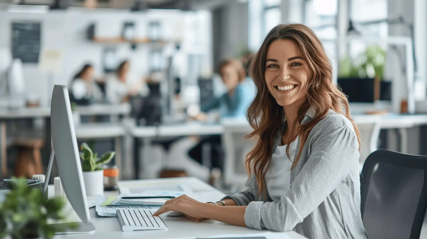 Marketingexpertin für Logistik lächelt an ihrem Arbeitsplatz vor einem PC-Bildschirm in die Kamera.