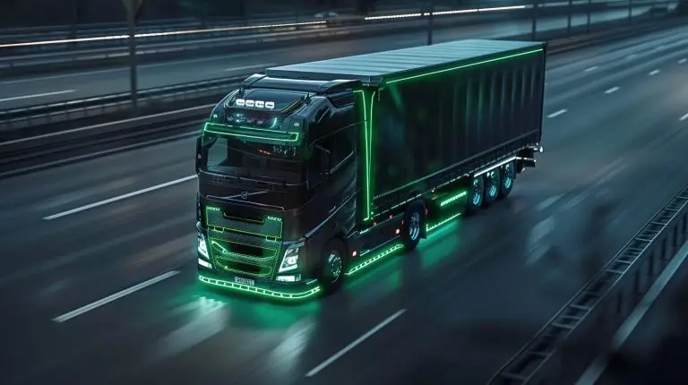 Grün beleuchteter LKW auf Autobahn symbolisiert nachhaltige Logistik