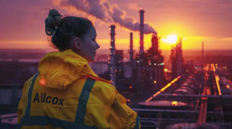 Personal Branding in der Industrie: Frau in gelber Sicherheitsjacke von Allcox vor Sonnenuntergang und Industrieanlage.