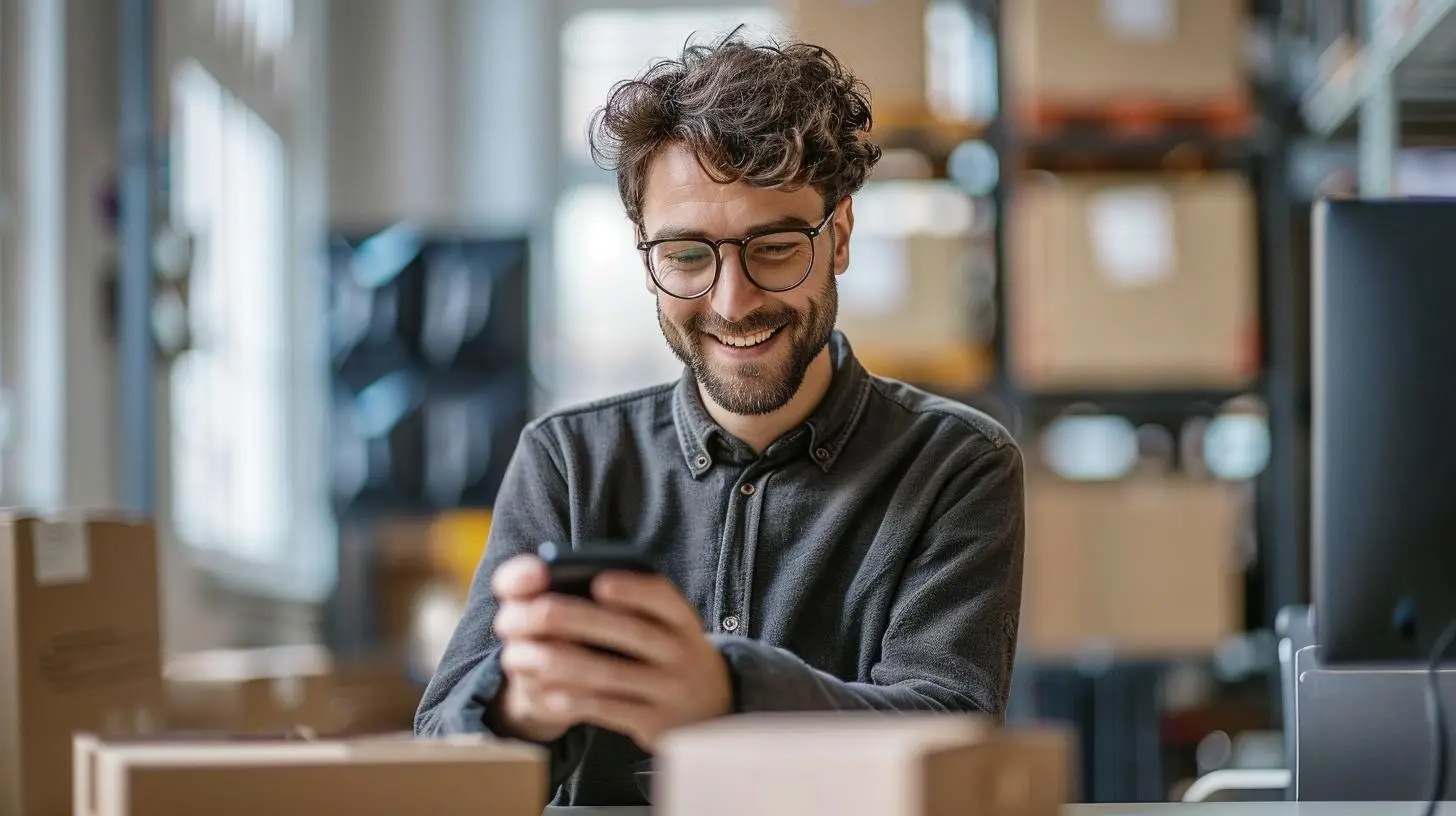 Social Media und Logistik: Wie Plattformen die Supply Chain verändern - junger Mann im Büro mit Smartphone, umgeben von Kartons.