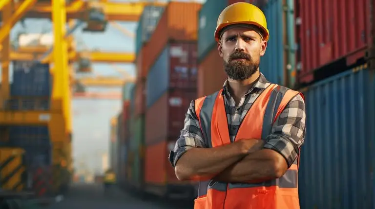 Mitarbeiter in Warnweste und Helm steht vor Containern