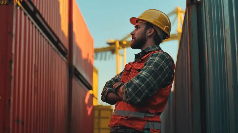 Ein Logistikmitarbeiter arbeitet im Logistikzentrum in Nürnberg. Er trägt eine Sicherheitsweste und einen Schutzhelm und prüft sorgfältig die Ladung. Dieses Bild veranschaulicht die Rolle von Personaldienstleistern in Nürnberg, die qualifizierte Arbeitskräfte bereitstellen, um den effizienten Ablauf in der Logistikbranche zu gewährleisten.