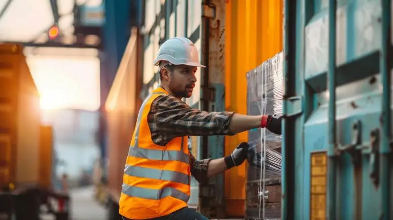 Logistikmitarbeiter vor Containern, Effizienzsteigerung durch Werkverträge.