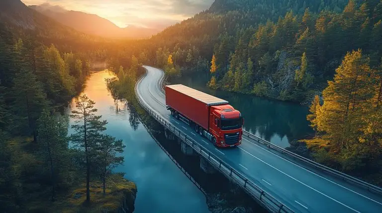 LKW fährt auf einer von Wald umgebenen Landstraße – Symbolbild für Logistik und Fachkräftemangel in der Transportbranche