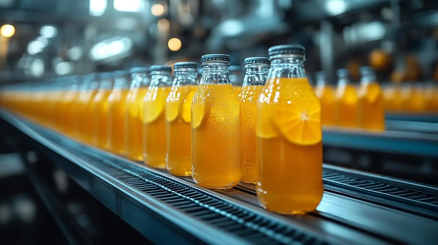 Produktionslinie in der Getränkeindustrie mit abgefüllten Flaschen Orangensaft auf einem Förderband.