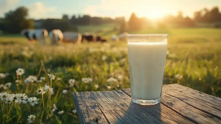 Frische Milch auf einem Holztisch vor einer Wiese mit Kühen, symbolisierend die Molkereiindustrie und die Lösung von Personalengpässen durch Arbeitnehmerüberlassung.