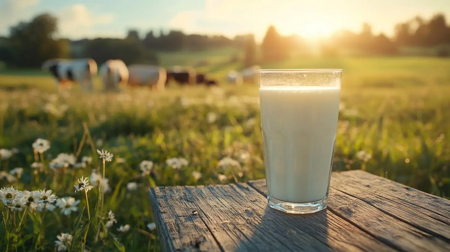 Frische Milch auf einem Holztisch vor einer Wiese mit Kühen, symbolisierend die Molkereiindustrie und die Lösung von Personalengpässen durch Arbeitnehmerüberlassung.