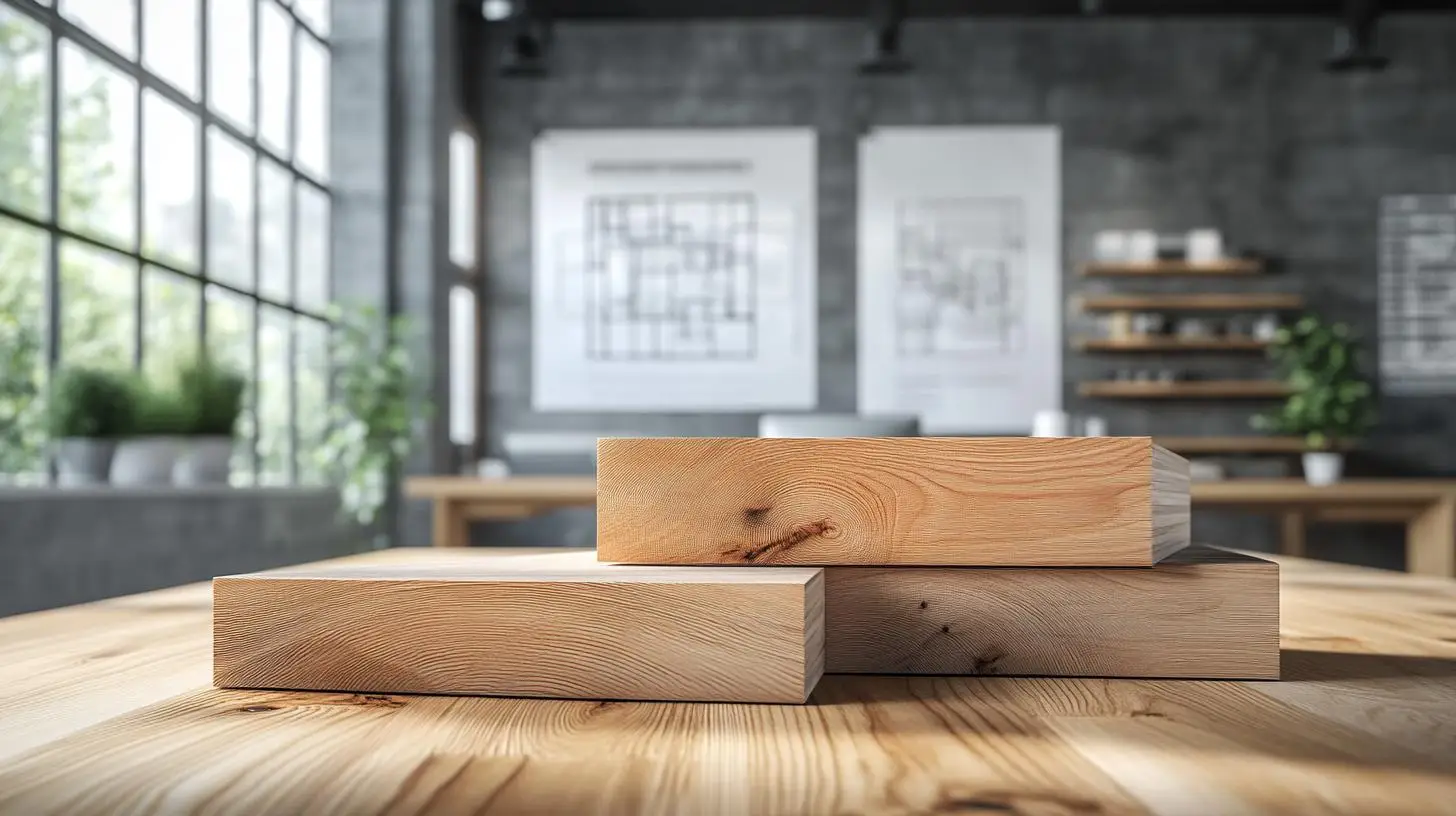 Holzbretter mit natürlicher Maserung auf einem Tisch in einem modernen, lichtdurchfluteten Arbeitsraum – Holzindustrie.