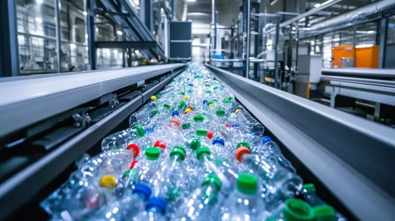 Leergutsortieranlage in der Getränkeindustrie mit sortierten Kunststoffflaschen auf einem Förderband