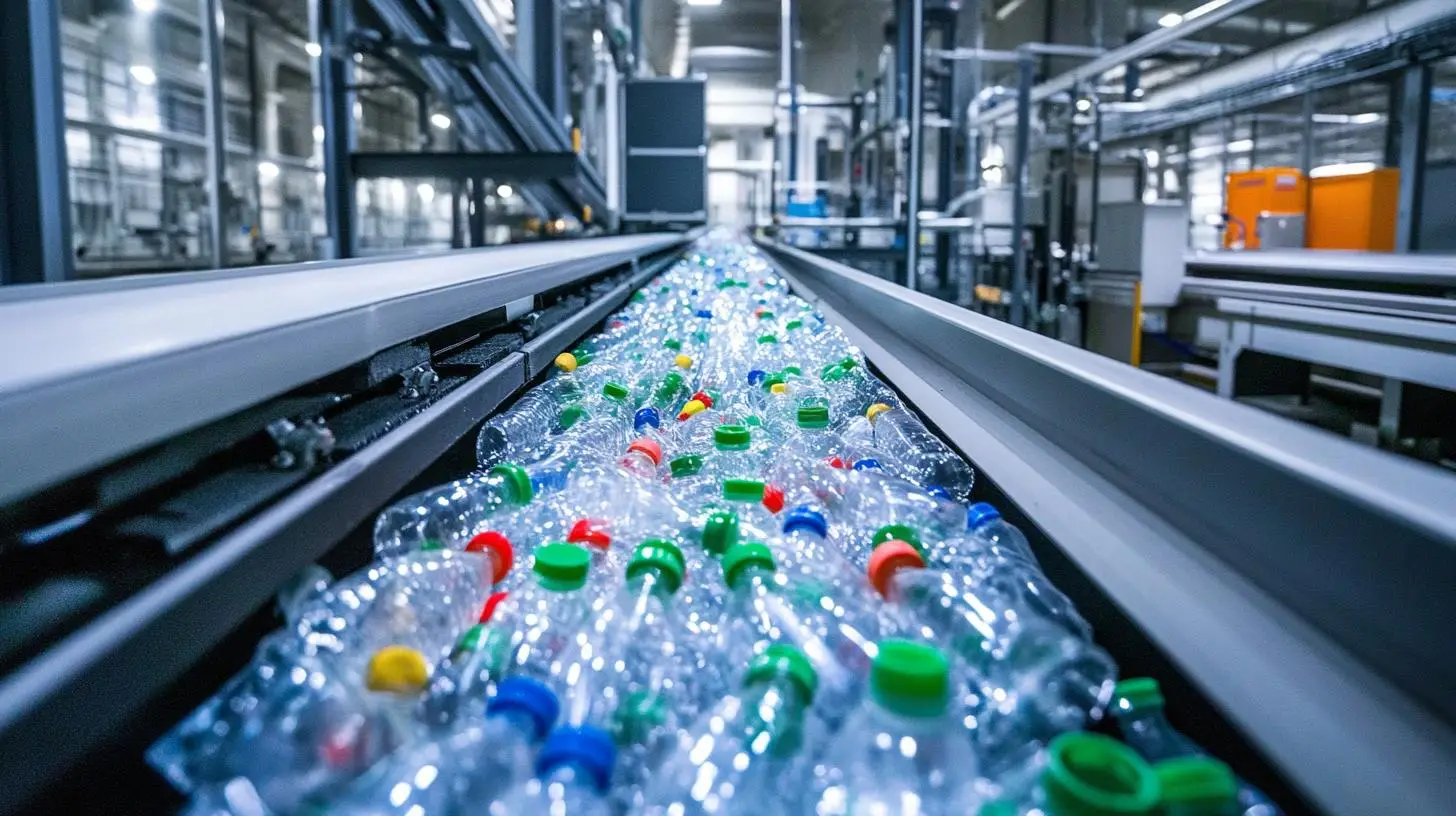 Leergutsortieranlage in der Getränkeindustrie mit sortierten Kunststoffflaschen auf einem Förderband