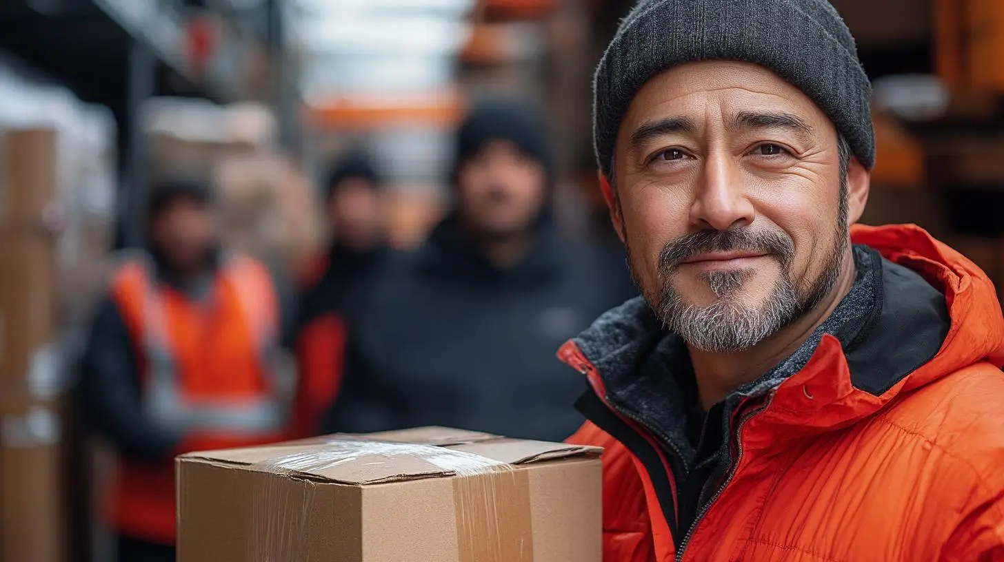 Effiziente Schichtplanung im Logistikzentrum: Mitarbeiter hält Paket, Kollegen im Hintergrund