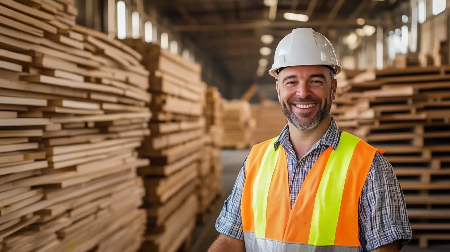 Arbeitnehmerüberlassung in der Holzverarbeitung – Mitarbeiter vor Holzstapeln in einer Lagerhalle.