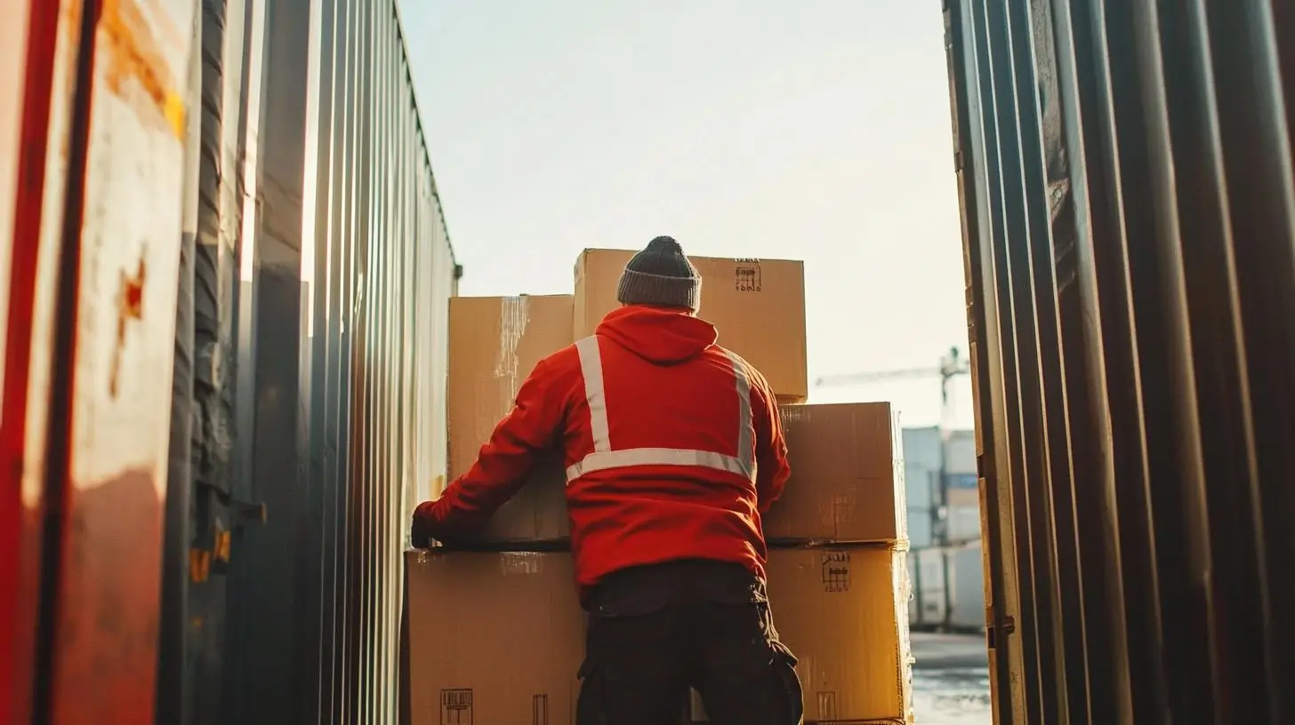Personalmangel in der Logistik: Logistikmitarbeiter bewegt Kartons zwischen Containern
