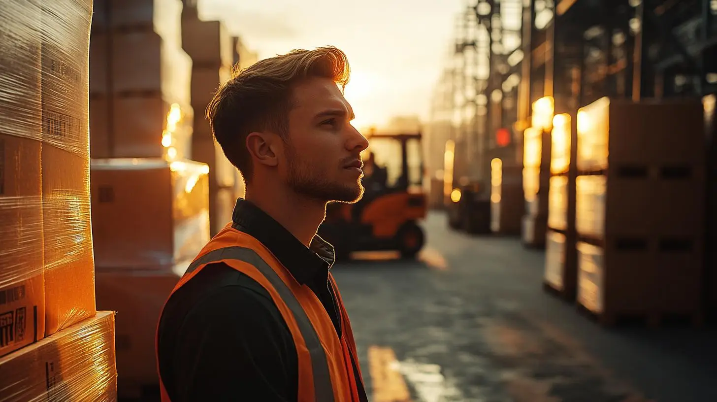 Personallösung in der Logistik – Ein Logistikarbeiter blickt nachdenklich in einem Lager voller Paletten.
