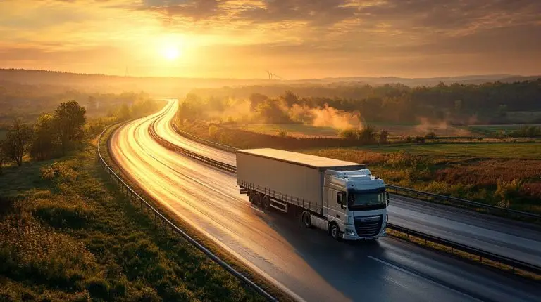 LKW auf Landstraße bei Sonnenuntergang – Symbol für alternative Antriebe in der Logistik