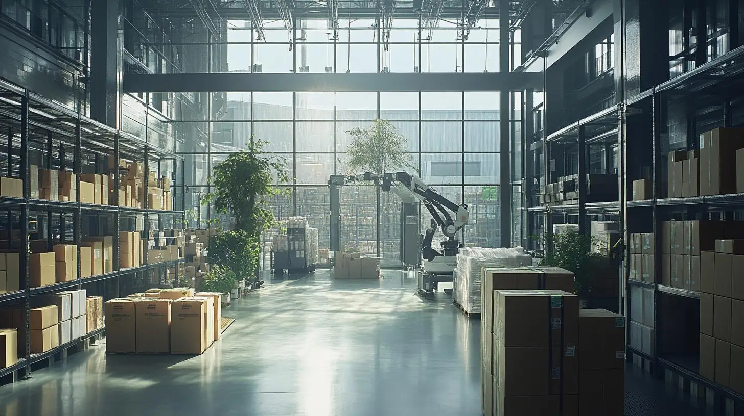 Autonome Transportfahrzeuge in der Logistik – Ein modernes Lager mit KI-gestützten Robotern und nachhaltigen Elementen für eine effiziente Warenbewegung.