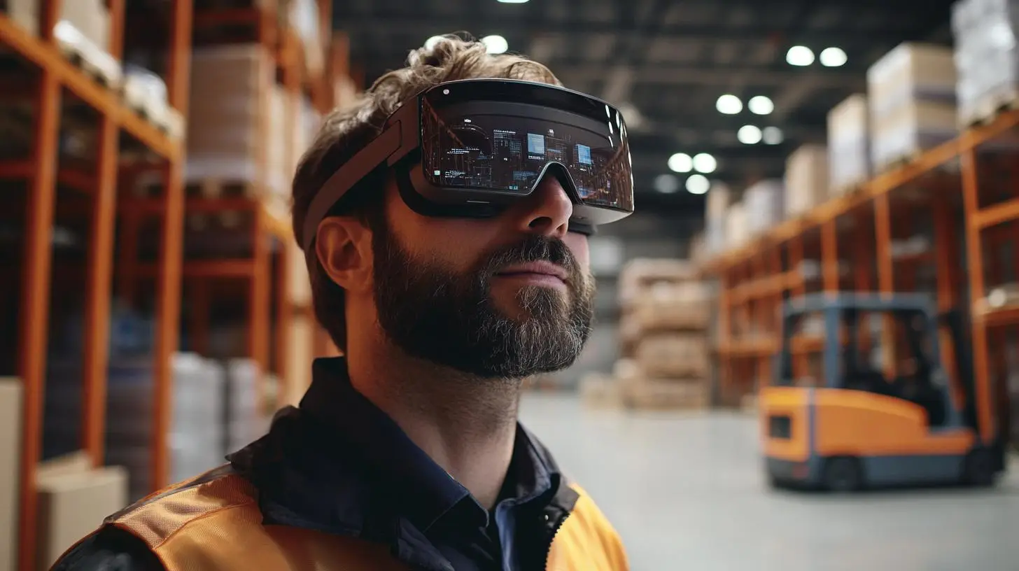 Digitalisierung in der Logistik – Logistikmitarbeiter mit AR-Brille in einem hochmodernen, automatisierten Lager.