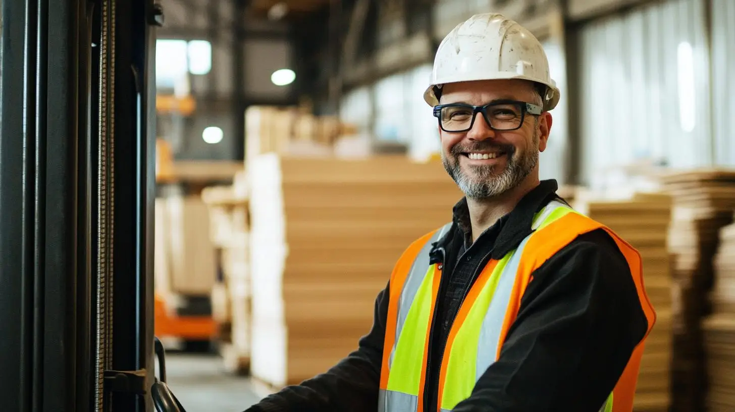 Effizienzsteigerung in der Holzindustrie – Gabelstaplerfahrer in einer modernen Holzlagerhalle mit gestapeltem Holz