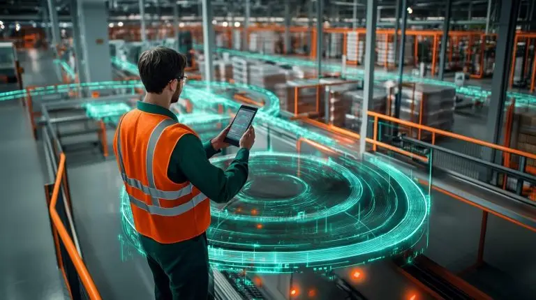 Elektronischer Datenaustausch (EDI) in der Logistik – digitale Vernetzung in einem automatisierten Lager mit Echtzeit-Datenanalyse.