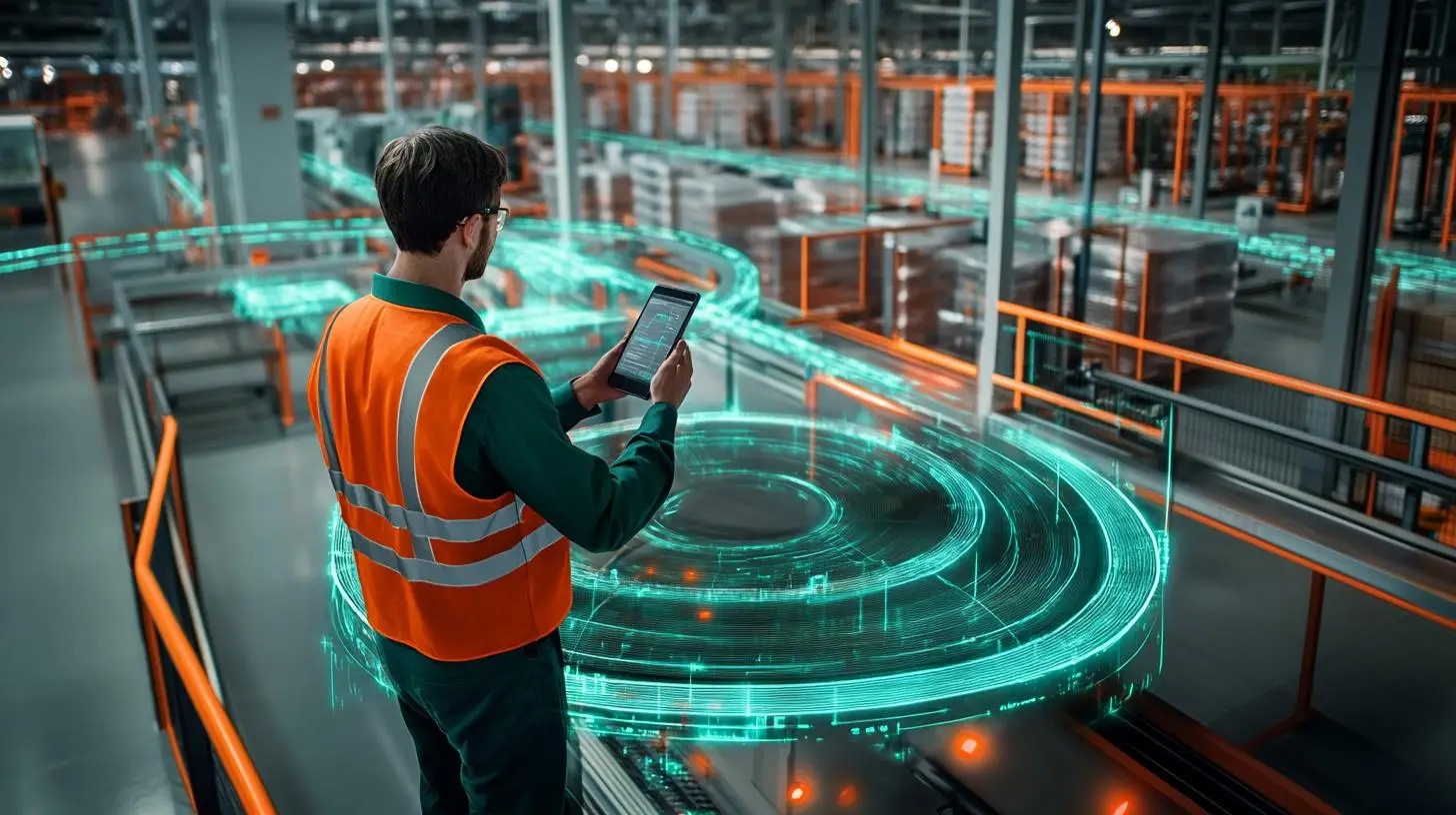 Elektronischer Datenaustausch (EDI) in der Logistik – digitale Vernetzung in einem automatisierten Lager mit Echtzeit-Datenanalyse.