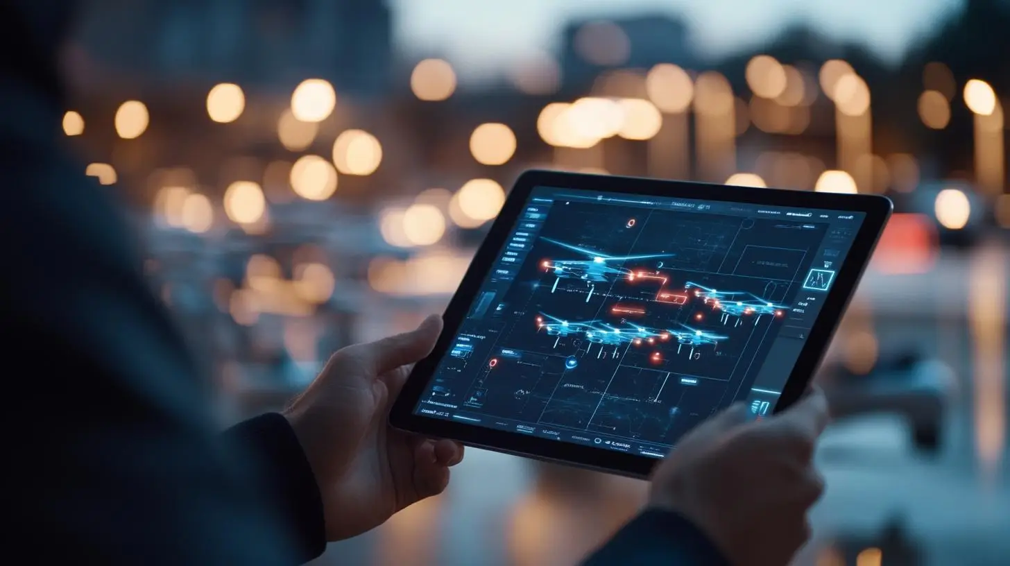 Logistikmanager nutzt Tablet zur Steuerung von Gabelstaplern und Drohnen im modernen Warenlager