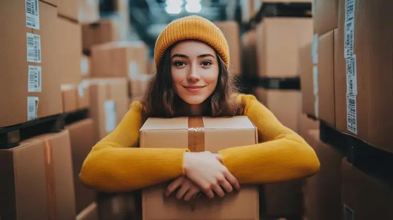 Kommissionierung und Etikettierung im Lager – Frau mit Paket zwischen Versandkartons