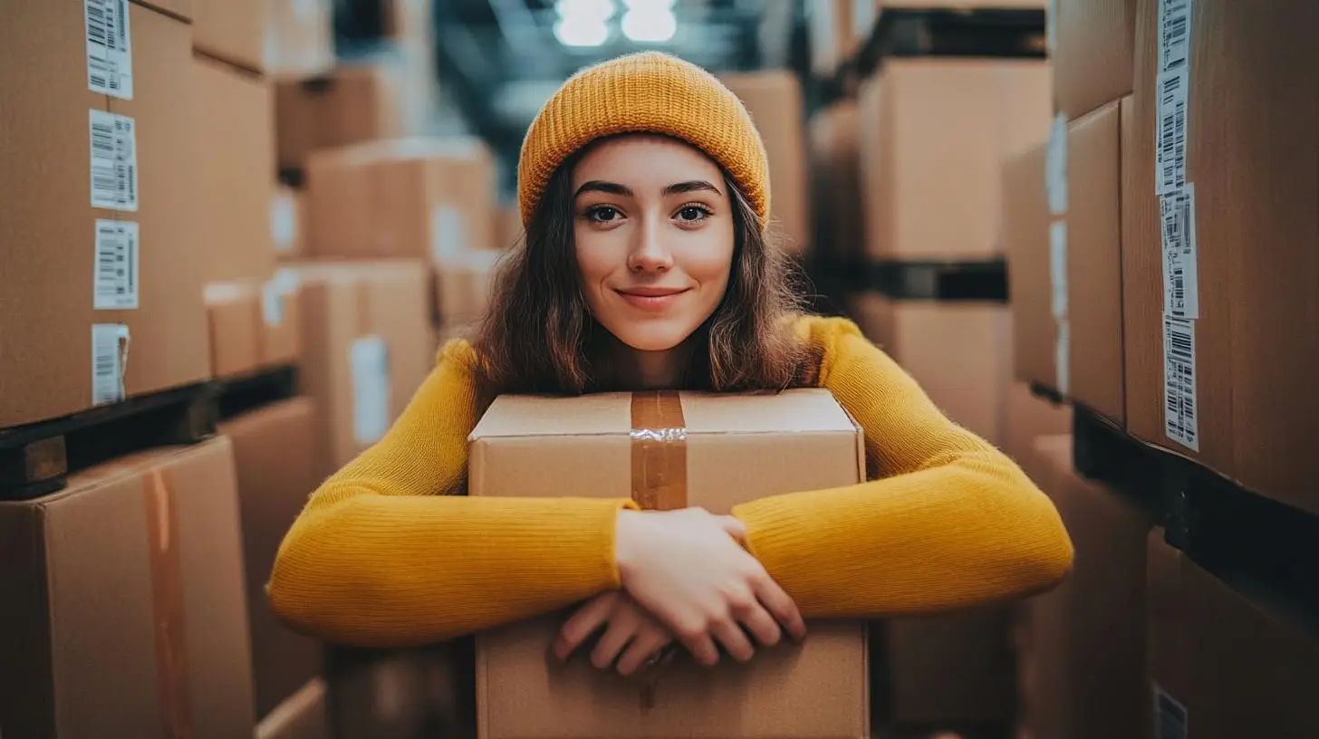 Kommissionierung und Etikettierung im Lager – Frau mit Paket zwischen Versandkartons