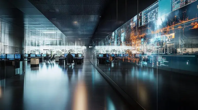 High-Tech-Logistik-Kontrollzentrum mit Echtzeit-Datenvisualisierung als Symbol für eine optimierte Last-Mile-Logistik
