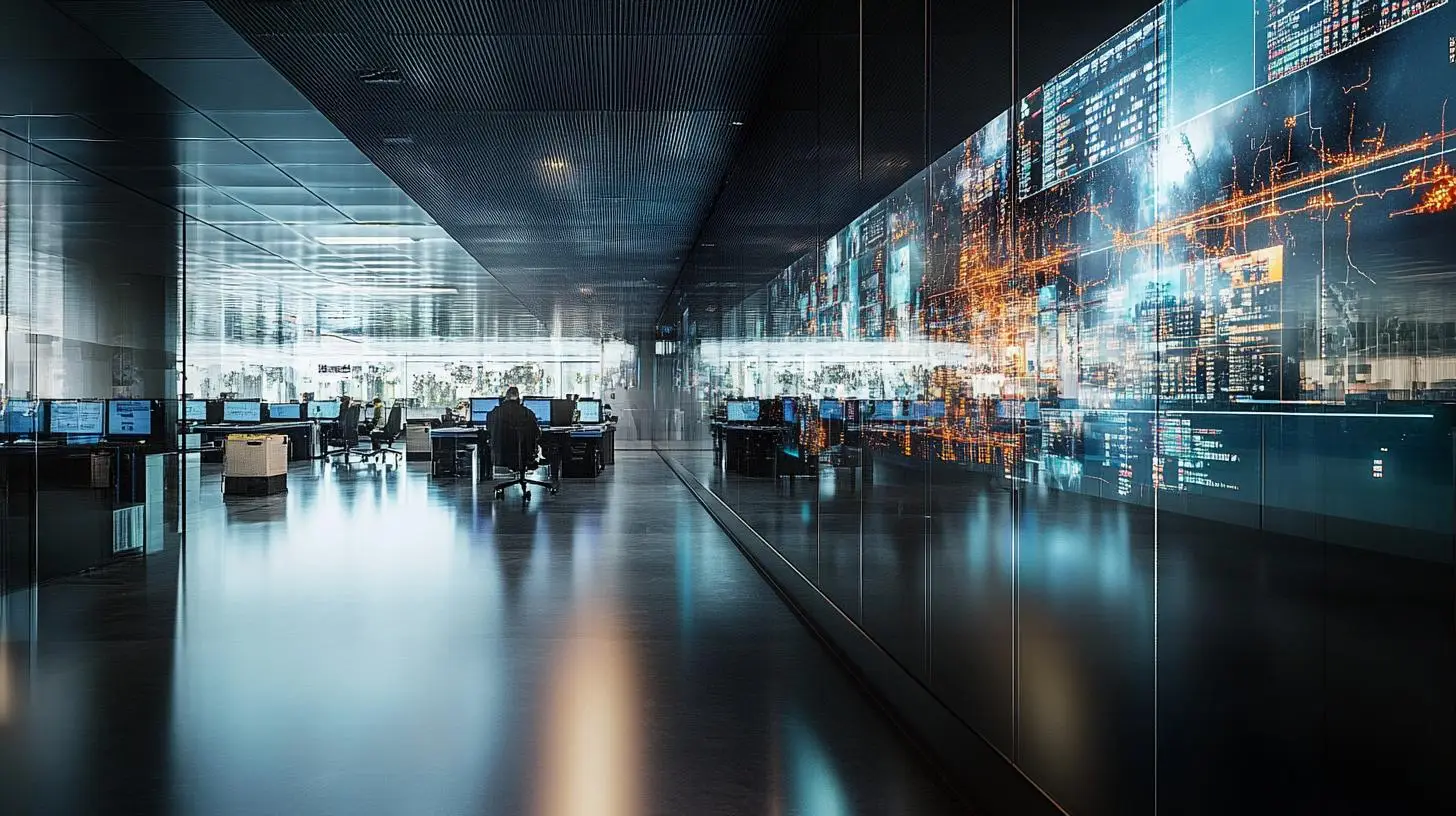 High-Tech-Logistik-Kontrollzentrum mit Echtzeit-Datenvisualisierung als Symbol für eine optimierte Last-Mile-Logistik