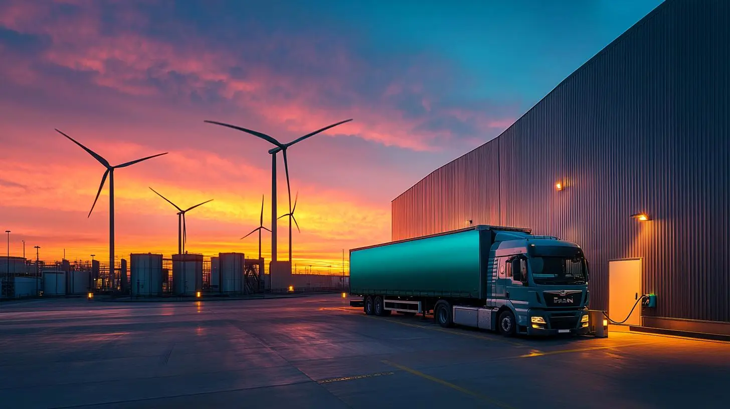 Nachhaltige Logistik – Elektro-Lkw lädt an einer klimafreundlichen Logistikanlage mit Windkraftanlagen im Hintergrund als Symbol für emissionsfreie Transportlösungen.