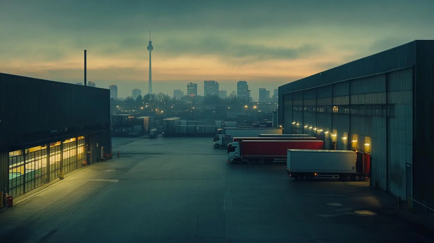 Logistikzentrum in Berlin mit LKWs an den Ladebuchten und der Skyline der Stadt im Hintergrund – Symbol für die Rolle eines Personaldienstleisters in Berlin.