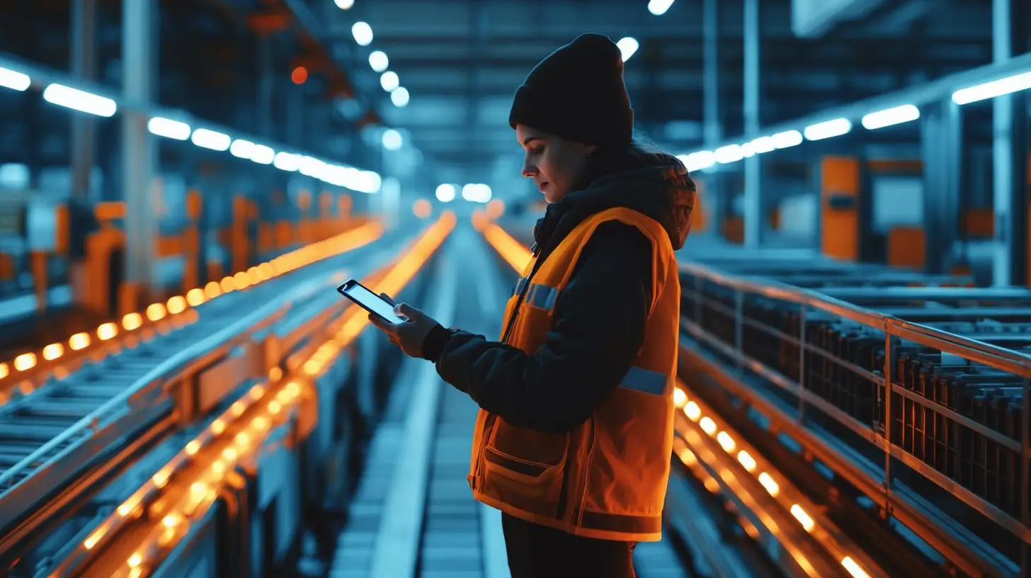 Vollautomatische Lagerlogistik – Logistikmitarbeiterin mit Tablet in einem modernen, automatisierten Lager mit smarten Förderbändern.