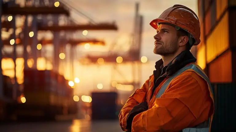 Logistikarbeiter vor einem Containerterminal bei Sonnenuntergang als Sinnbild für Werkverträge in der Logistik und effiziente Lieferketten
