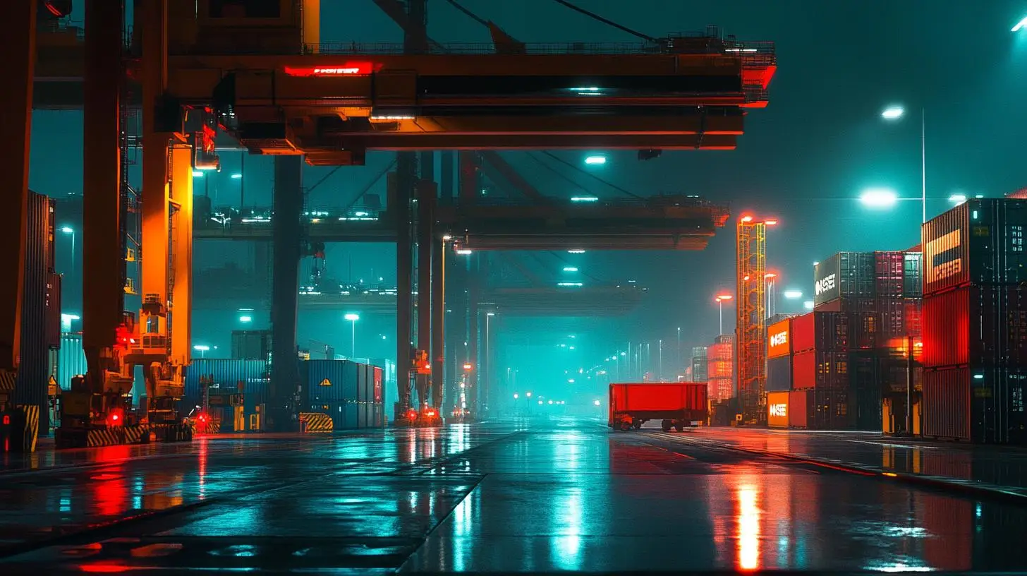 Werkverträge in der Logistik – Hochmoderner Containerhafen bei Nacht mit verladenen Containern und imposanten Kränen.