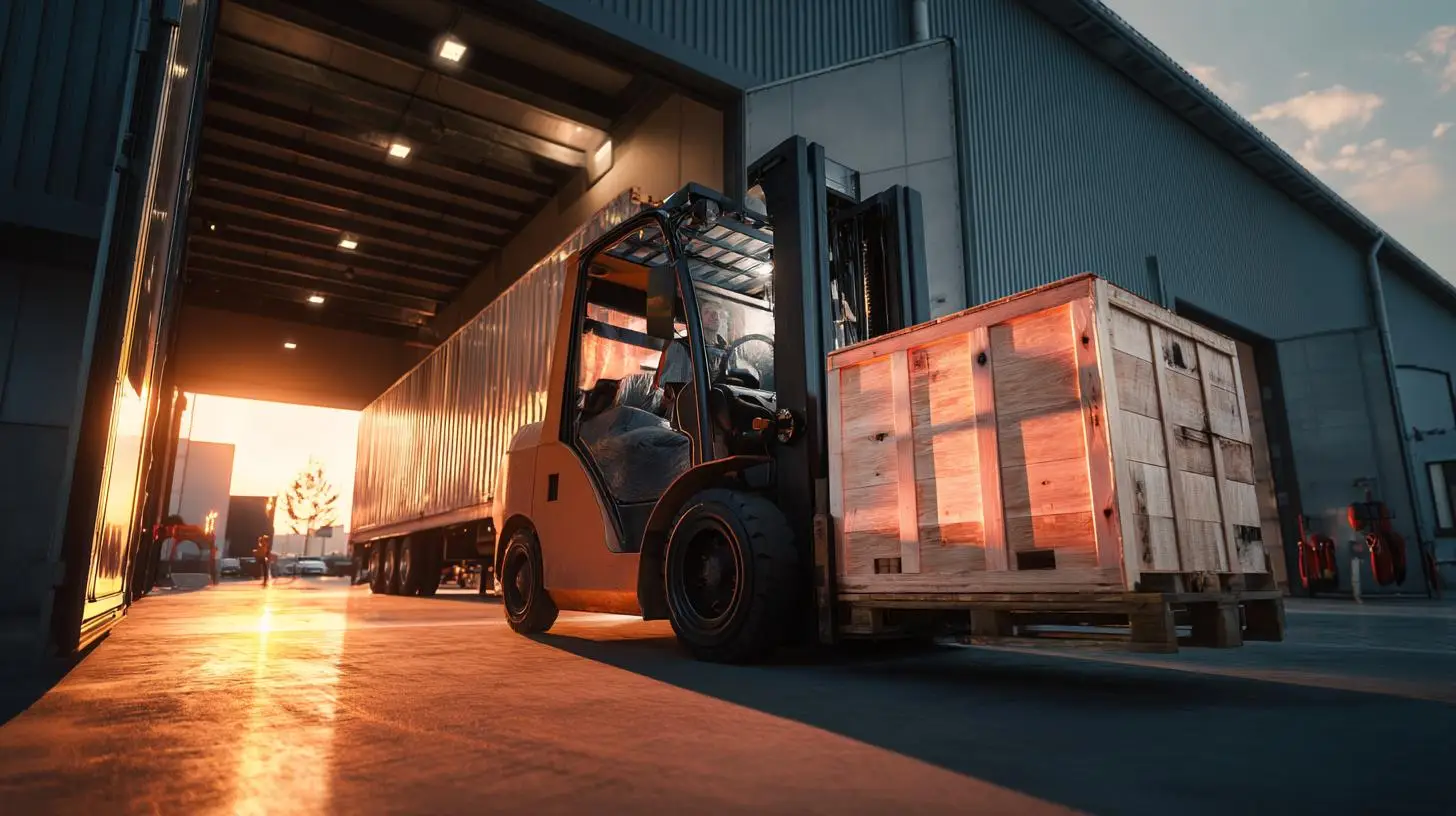 Effiziente Be- und Entladung von LKWs und Containern bei Sonnenuntergang mit Gabelstapler