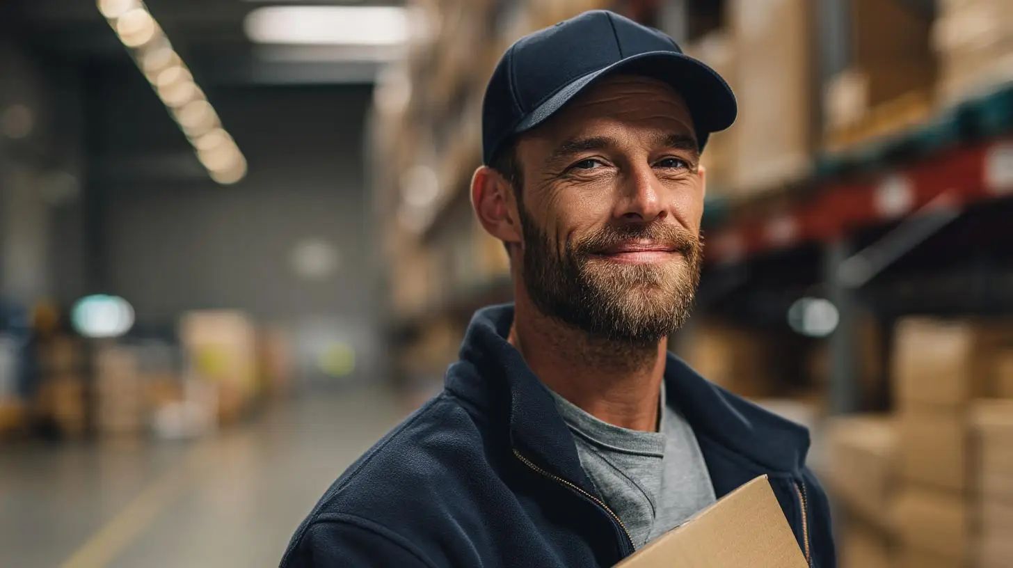 Lächelnder Lagerarbeiter in moderner Logistikhalle – Symbol für klare Strukturen bei Werkvertrag vs. Werklieferungsvertrag