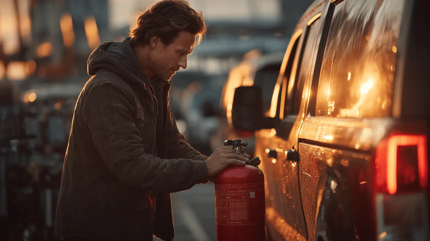 Feuerlöscher in gewerblich genutzten Fahrzeugen wird sicher im Kofferraum platziert, als Teil vorbeugender Brandschutzmaßnahmen