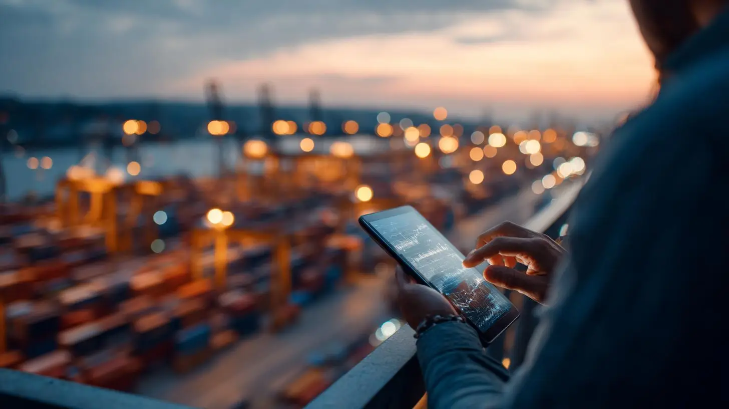 Predictive Analytics in der Logistik: Manager analysiert Lieferdaten per Tablet mit Blick auf Containerhafen in der Dämmerung