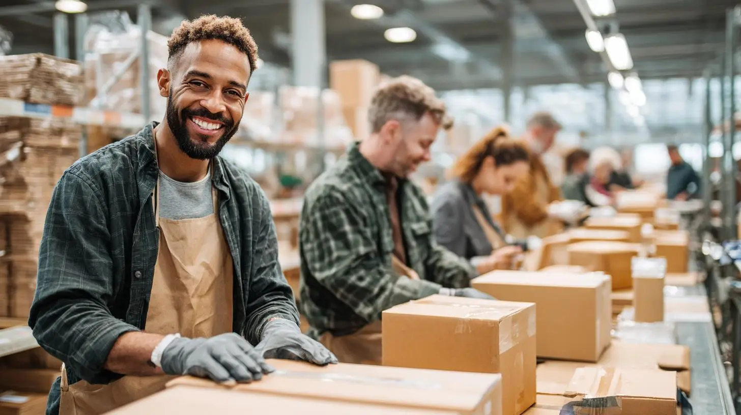 Co-Packing Mitarbeiter bei der Verpackung in moderner Logistikhalle