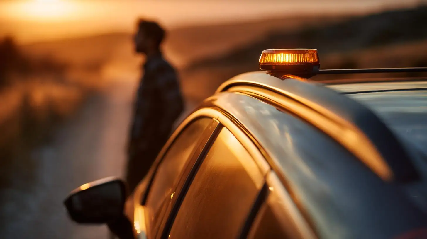 V16-Warnleuchte ab 2026 Pflicht – Sicherheitsleuchte bei Sonnenuntergang auf Fahrzeug in ländlicher Umgebung