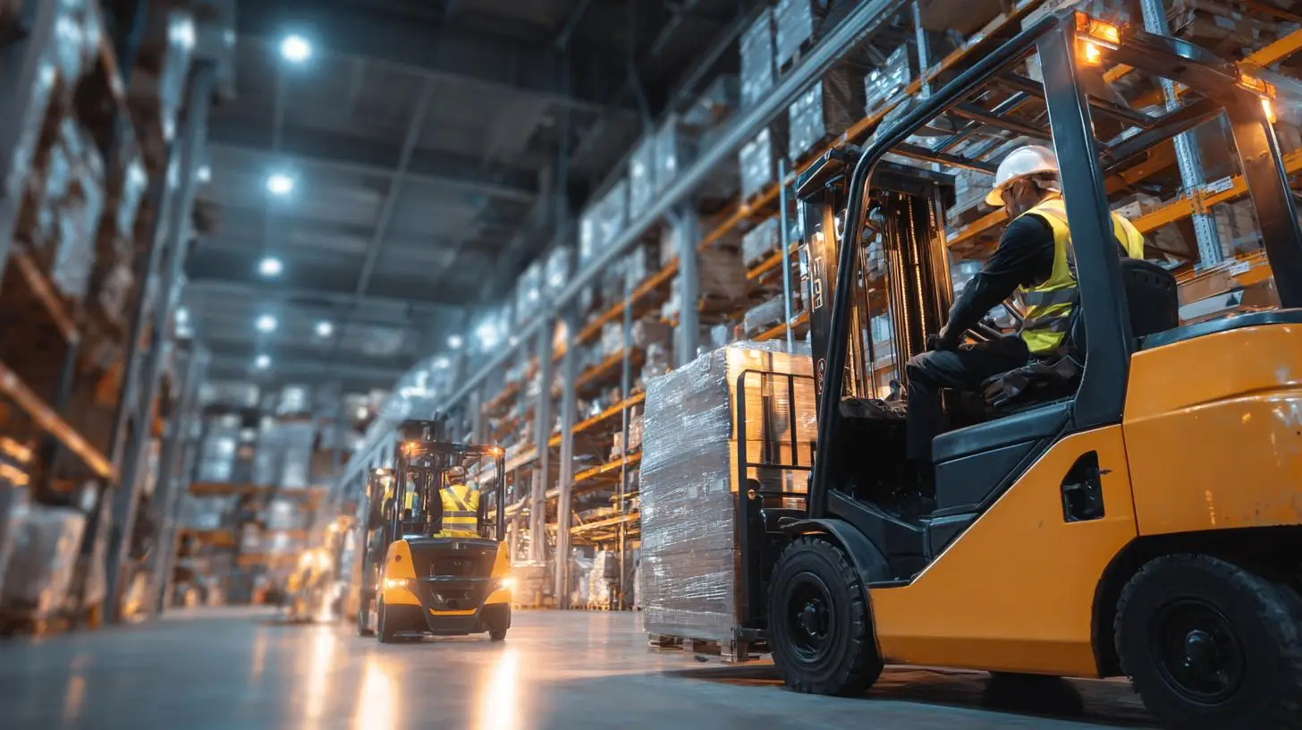 Produktionszyklus im Lager mit Gabelstaplern in Aktion bei verarbeitender Phase