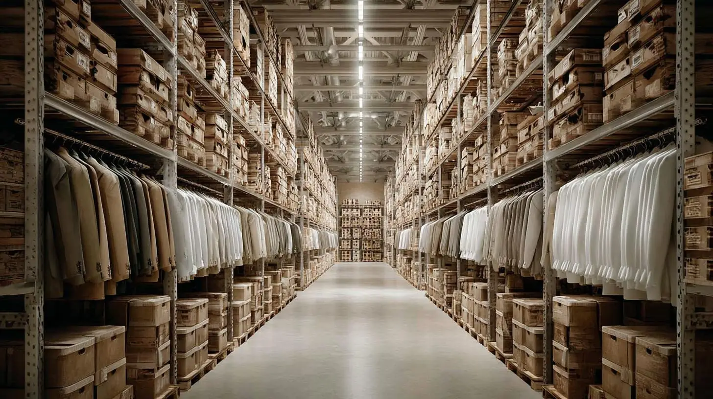 Strukturiertes Lager für Retourenmanagement Fashionbereich mit hängender Kleidung