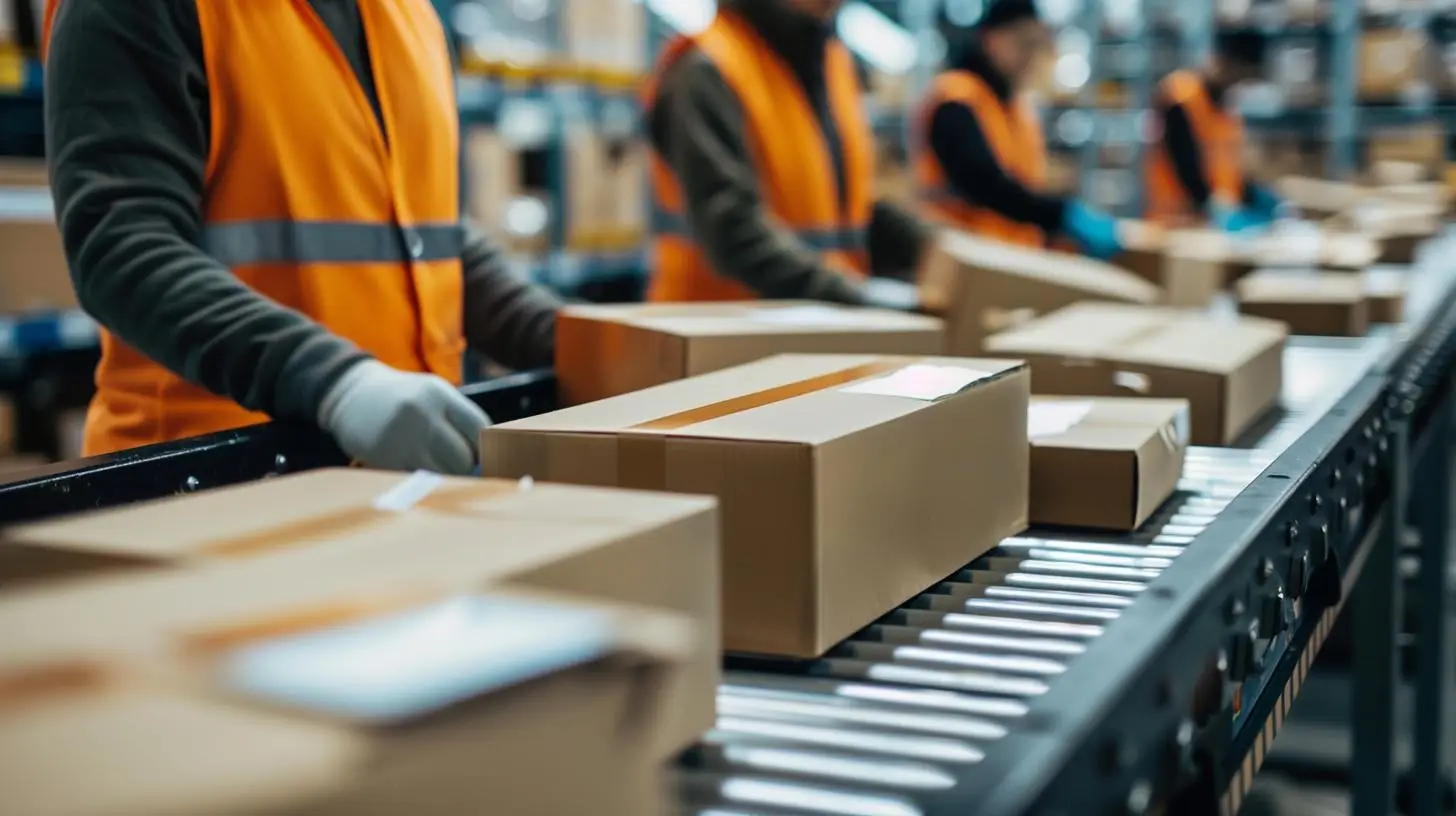Was ist ein Distributionszentrum mit Paketen auf dem Förderband und Mitarbeitenden bei der Versandvorbereitung