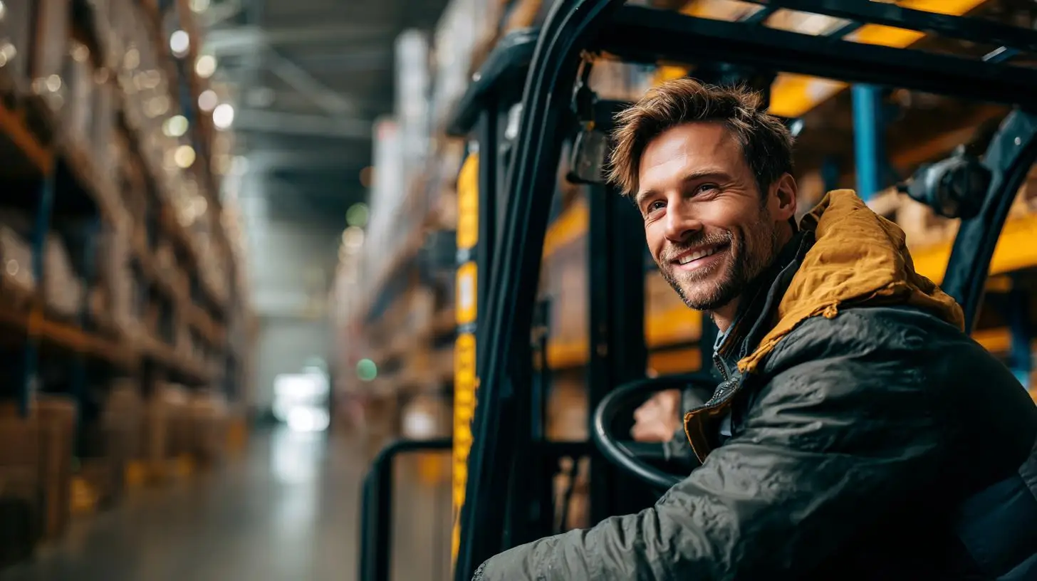 Inhouse-Outsourcing Logistik – motivierter Mitarbeiter im Lager auf Gabelstapler