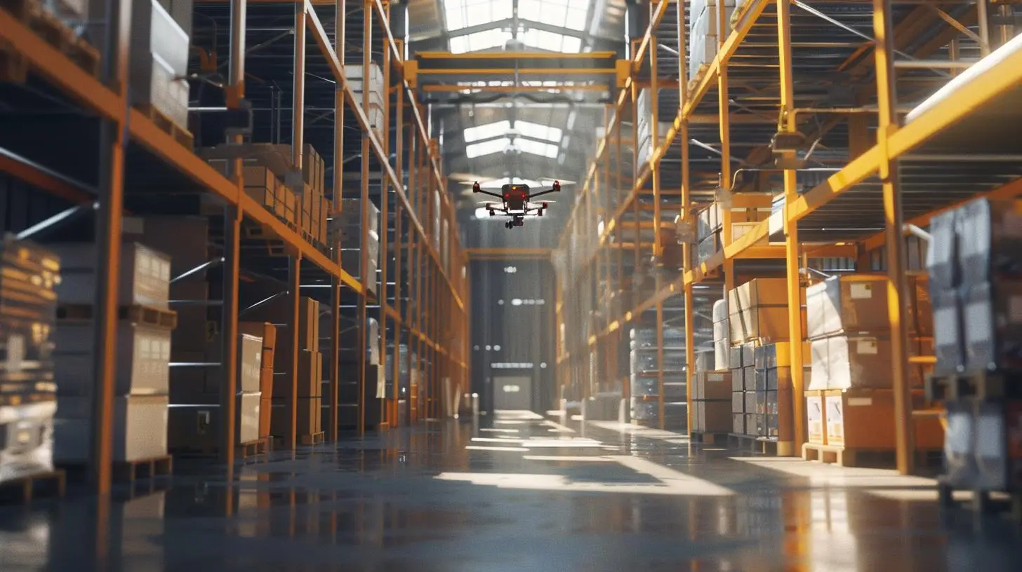 Inventur in der Logistik mit Drohne im Hochregallager zur automatisierten Bestandsaufnahme
