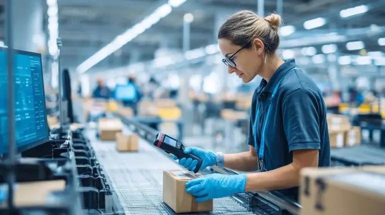 RMA-Prozess – Mitarbeiterin scannt Paket im modernen Logistiklager zur Retourenbearbeitung