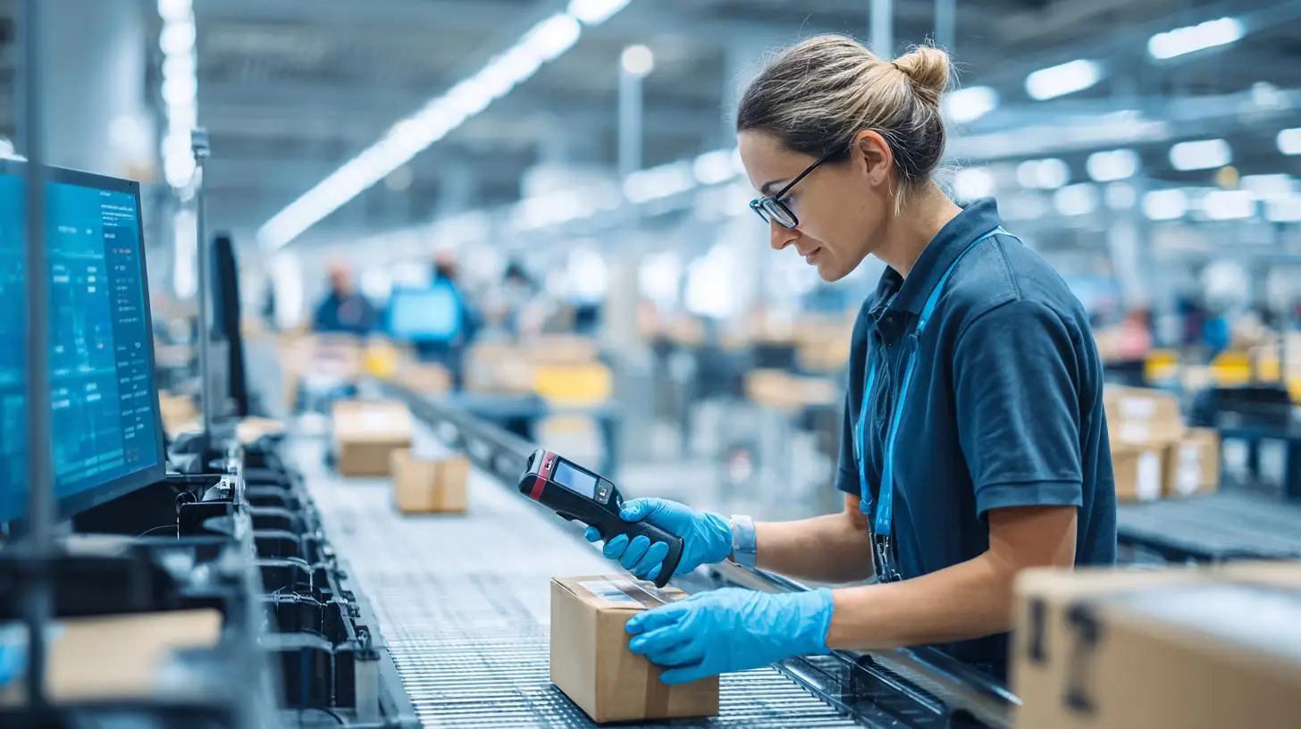 RMA-Prozess – Mitarbeiterin scannt Paket im modernen Logistiklager zur Retourenbearbeitung